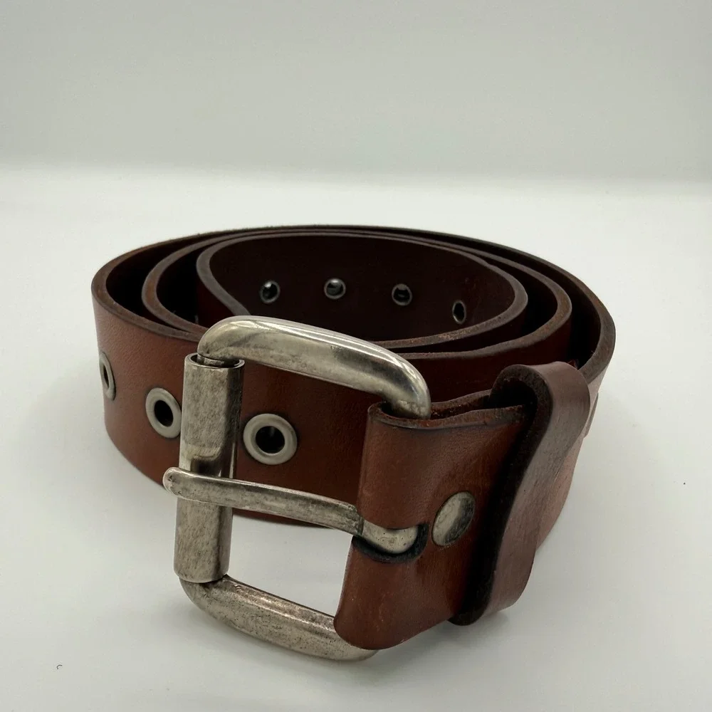 Reward by Bill Adler Brown Full Grain Leather Grommet Belt Silver Buckle 38